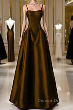 Brown Satin A Line Sweetheart Long Prom Dress, Simple Brown Prom Dresses
