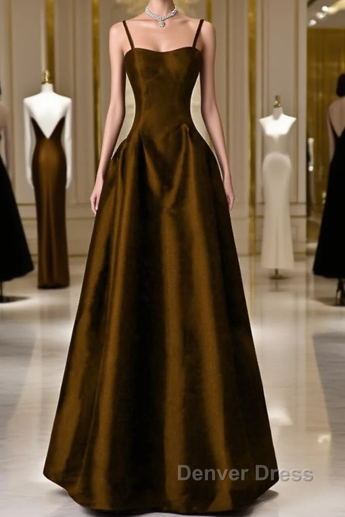 Brown Satin A Line Sweetheart Long Prom Dress, Simple Brown Prom Dresses