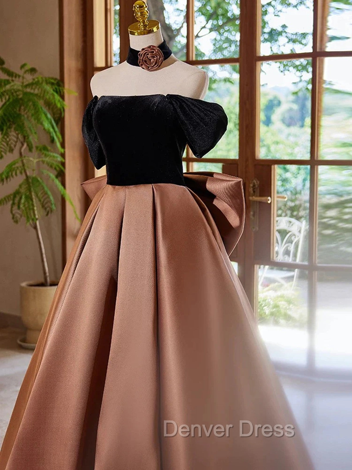 Brown Satin And Black Velvet Prom Dresses, Off Shoulder A-Line Party Dresses Secondary image
