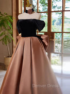 Brown Satin And Black Velvet Prom Dresses, Off Shoulder A-Line Party Dresses