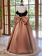 Brown Satin And Black Velvet Prom Dresses, Off Shoulder A-Line Party Dresses