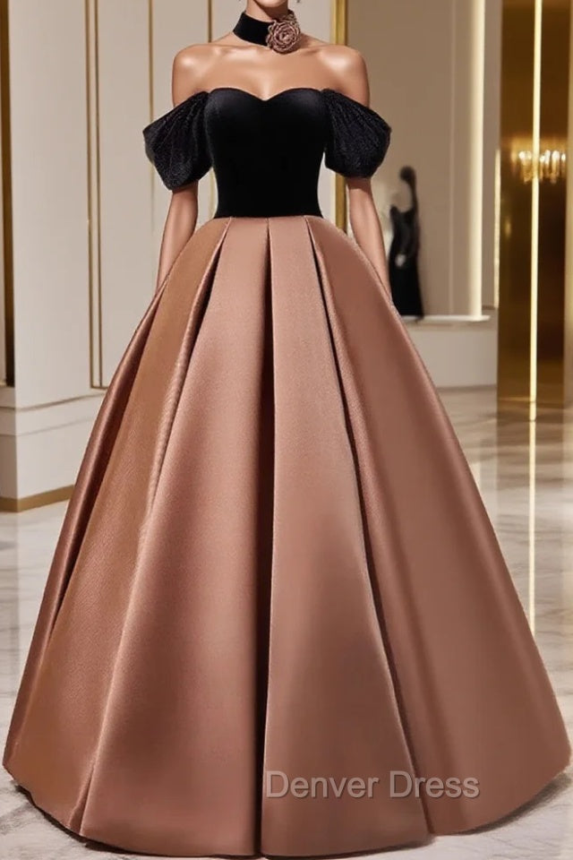 Brown Satin And Black Velvet Prom Dresses, Off Shoulder A-Line Party Dresses
