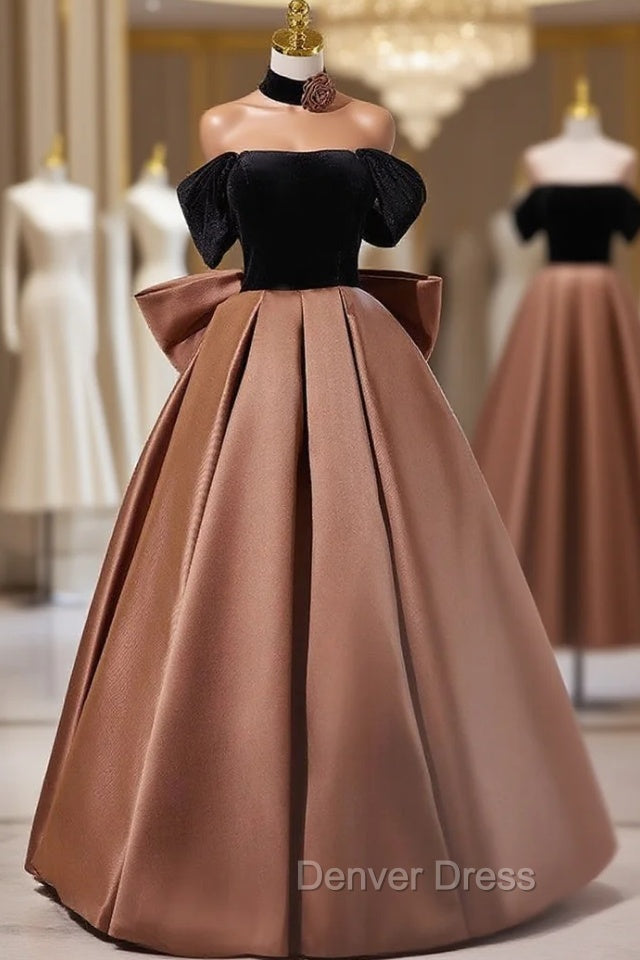 Brown Satin Black Velvet Off the Shoulder Prom Dresses Main image