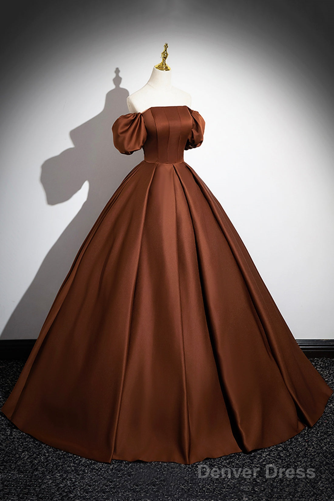 Brown Satin Long A-Line Prom Dress, Off The Shoulder Prom Dresses