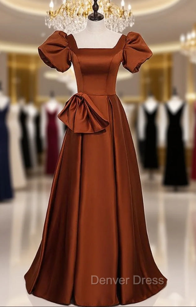 Brown Satin Square Puff Sleeve Bow Prom Dresses Main image