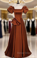 Brown Satin Square Puff Sleeve Bow Prom Dresses