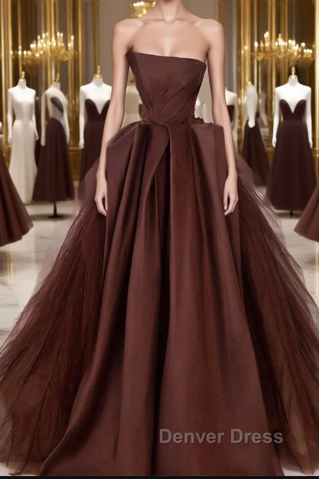 Brown Satin Tulle Long Prom Gowns, Brown Long Prom Dresses Main image