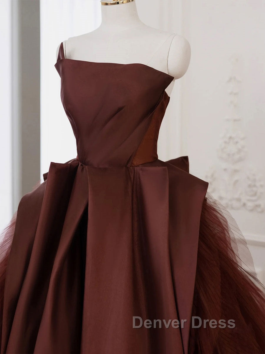 Brown Satin Tulle Long Prom Gowns, Brown Long Prom Dresses Secondary image