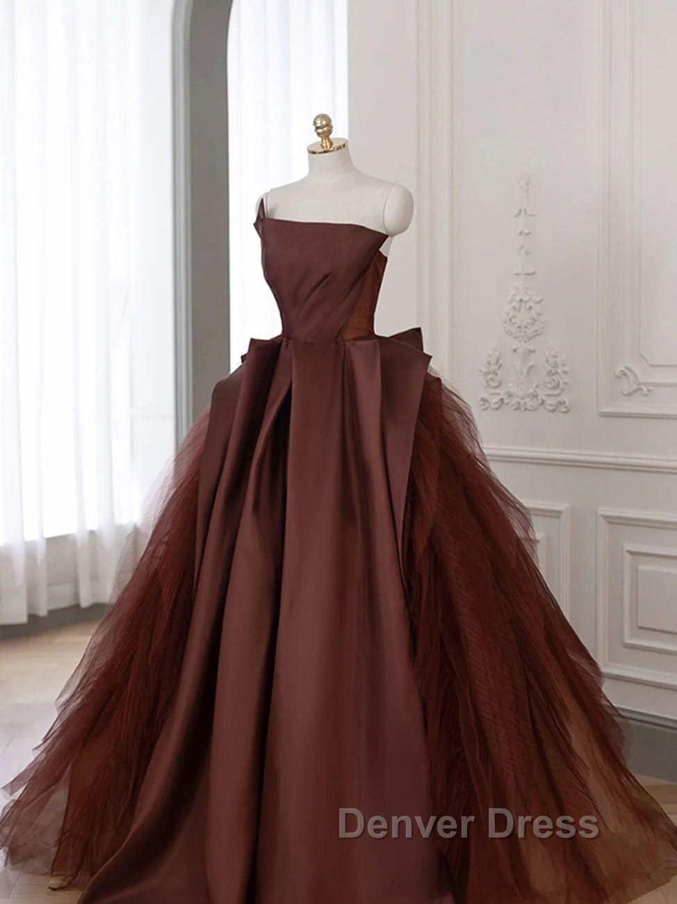 Brown Satin Tulle Long Prom Gowns, Brown Long Prom Dresses