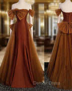 Brown Tulle and Satin Mermaid Long Party Dresses, New Style Long Formal Dresses Prom Dresses