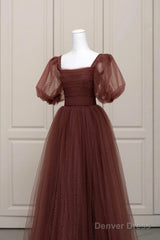 Brown Tulle Floor Length Prom Dress, A-Line Short Sleeve Evening Party Dress