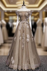 Brown Tulle Off the Shoulder Long Prom Dresses