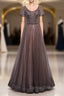 Brown Tulle V-neck Short Sleeve Beading Sequins Prom Dresses