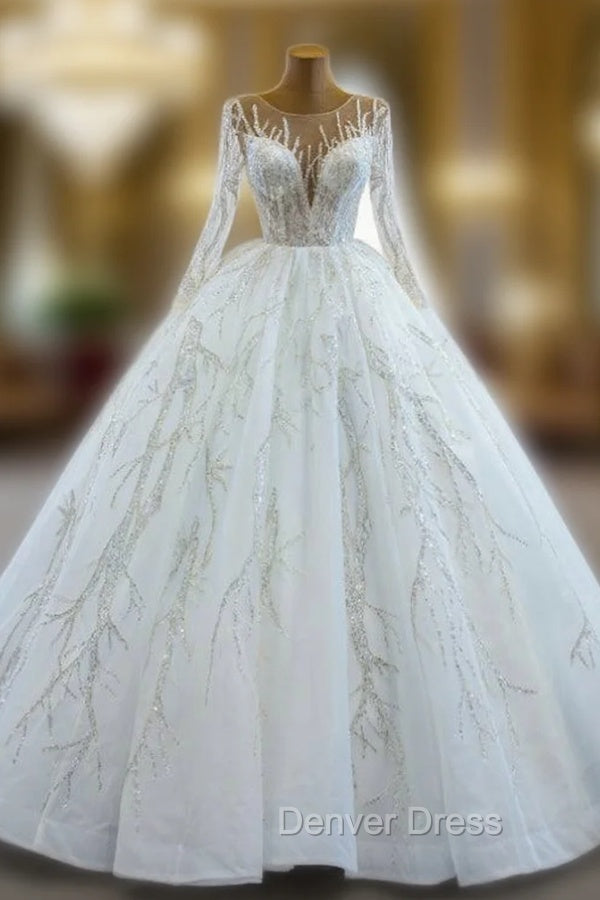 Browse Our Lovely White Tulle Sequins Appliques Long Sleeve Brides Wedding Dresses Main image