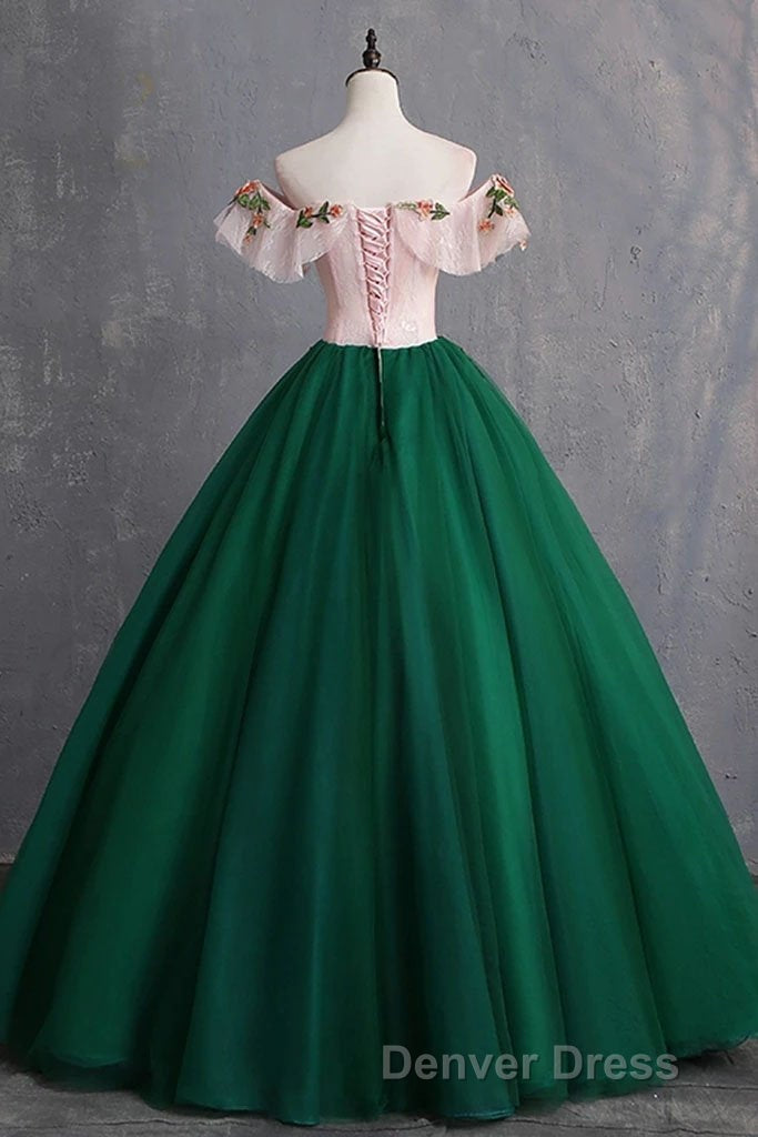 Green Off the Shoulder Floor Length Prom Dresses with Appliques, Puffy Quinceanera Dresses Secondary image