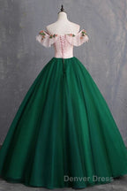 Green Off the Shoulder Floor Length Prom Dresses with Appliques, Puffy Quinceanera Dresses