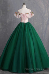 Green Off the Shoulder Floor Length Prom Dresses with Appliques, Puffy Quinceanera Dresses