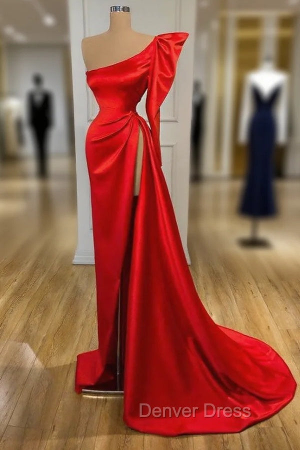 Bubble Sleeve One-shoulder Red High-split Long Evening Dresses Main image