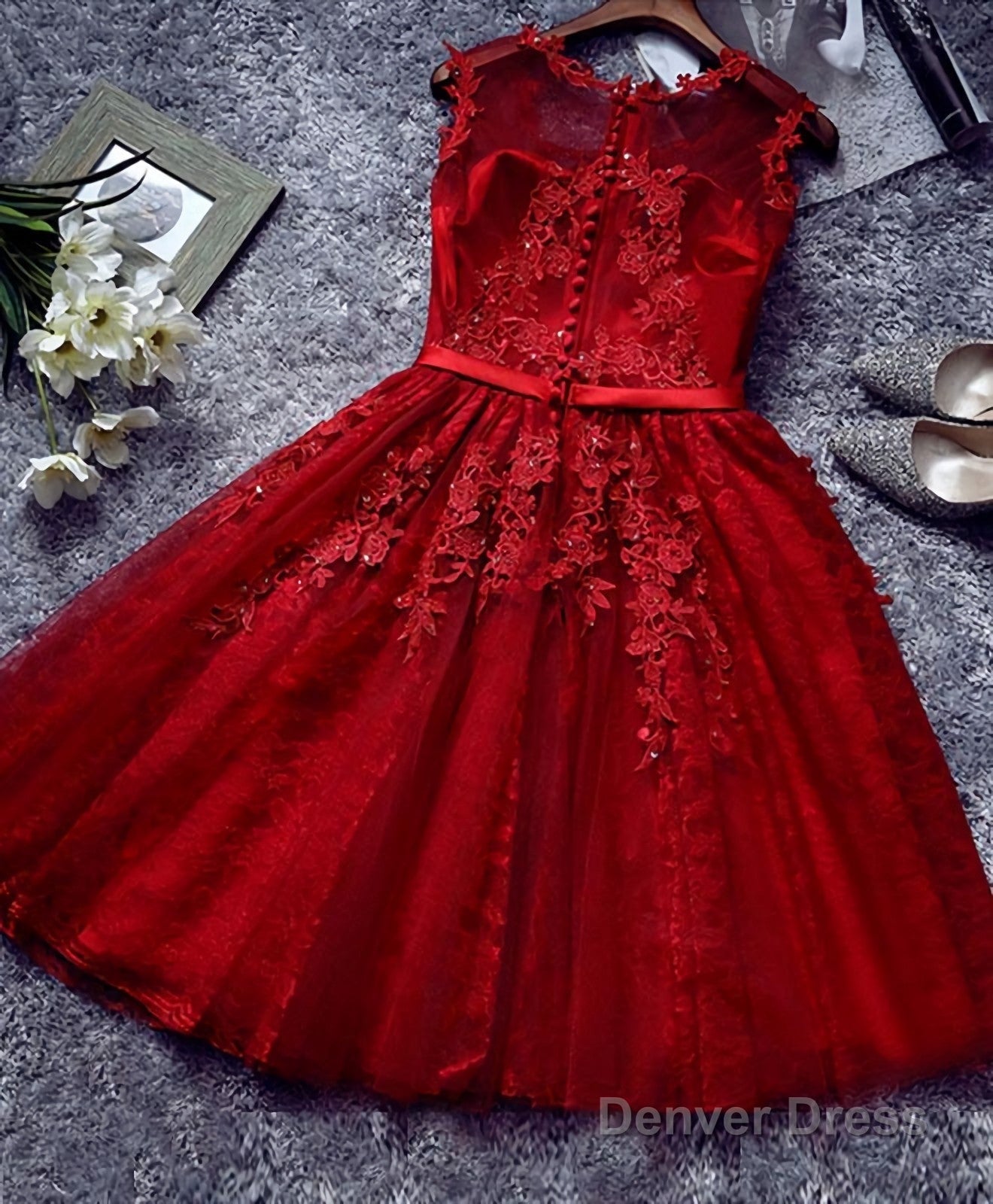 Burgundy Lace Tulle Short Prom Dress, Lace Evening Dress Secondary image