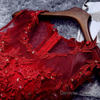 Burgundy Lace Tulle Short Prom Dress, Lace Prom Dresses