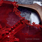 Burgundy Lace Tulle Short Prom Dress, Lace Prom Dresses