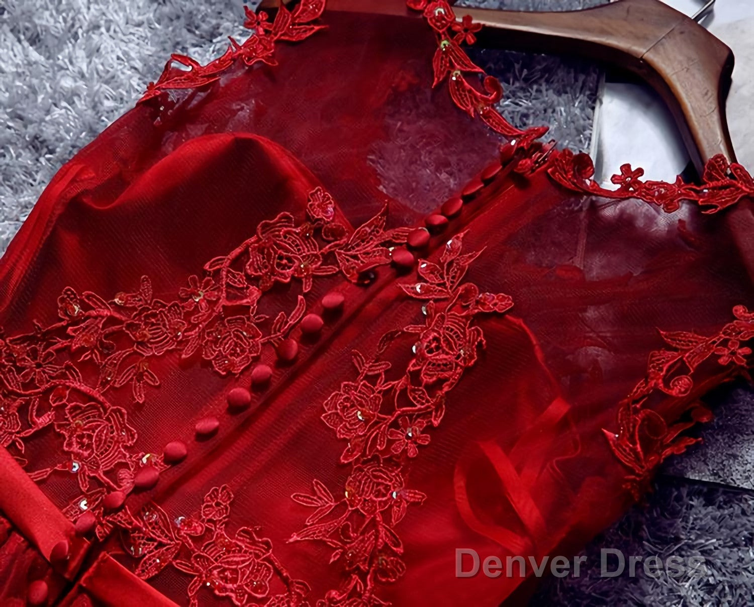 Burgundy Lace Tulle Short Prom Dress, Lace Evening Dress