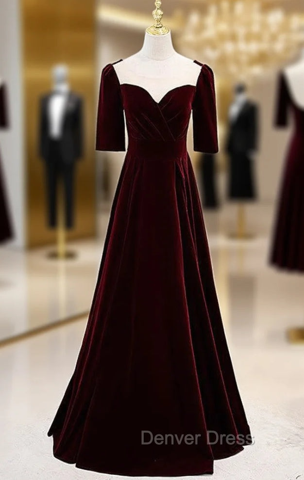 Burgudny Velvet Square Short Sleeve Pleats Prom Dresses