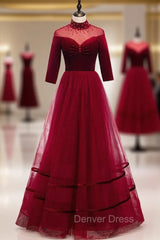 Burgund Tulle Velvet Half Sleeve Beading Prom Dresses