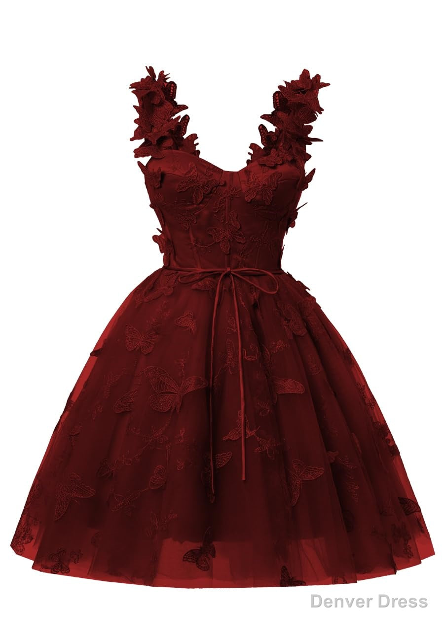 Burgundy 3D Butterfly Lace Applique Tulle Homecoming Dress for Teens Sweetheart Mini Short Prom Dresses Main image