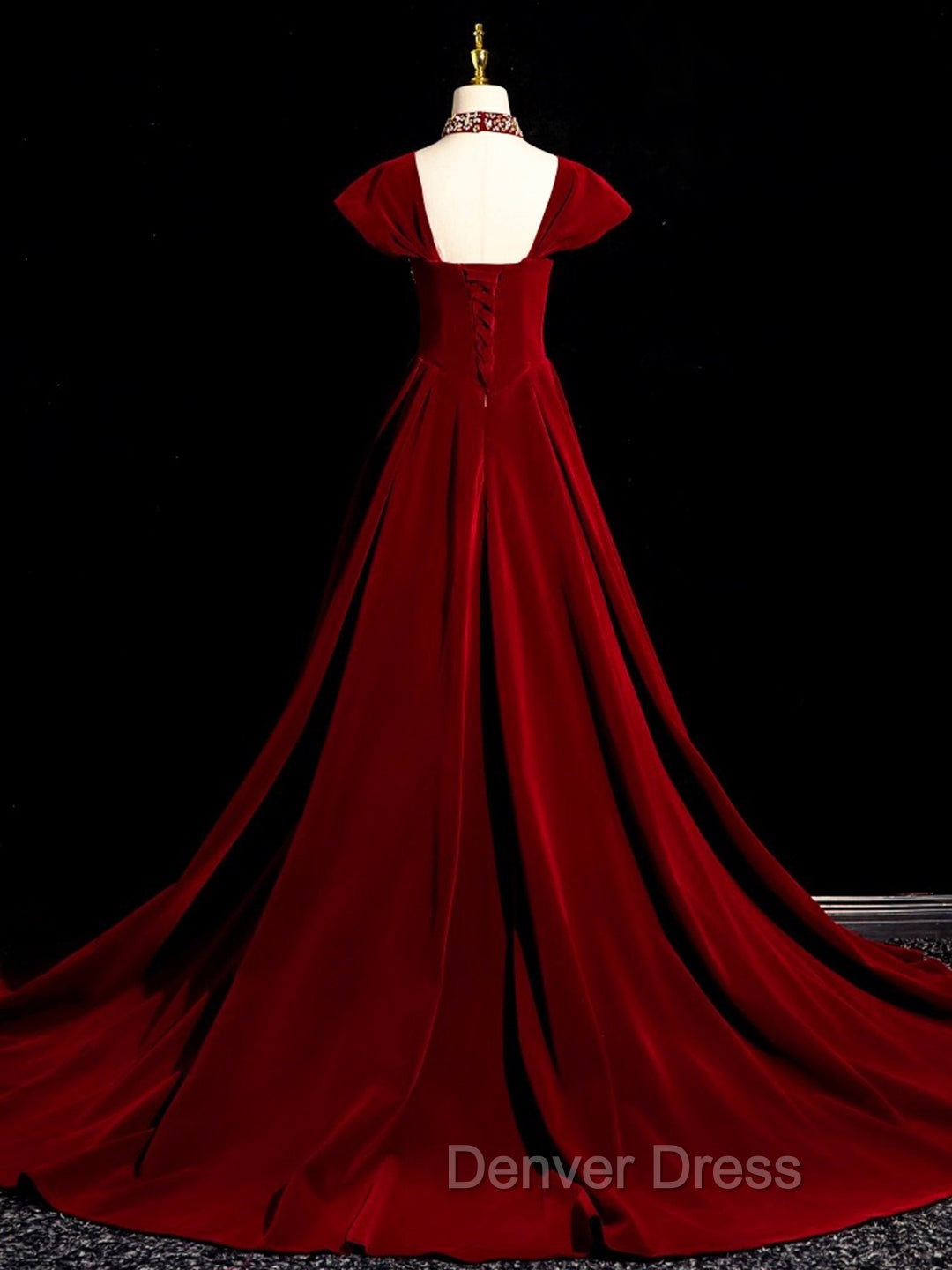 Burgundy A Line Beaded Velvet Long Prom Dresses Secondary image