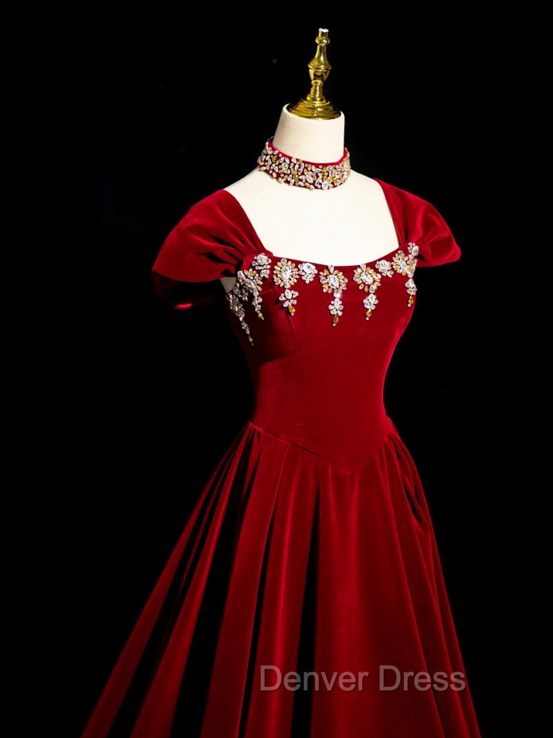 Burgundy A Line Beaded Velvet Long Prom Dresses