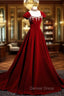 Burgundy A Line Beaded Velvet Long Prom Dresses