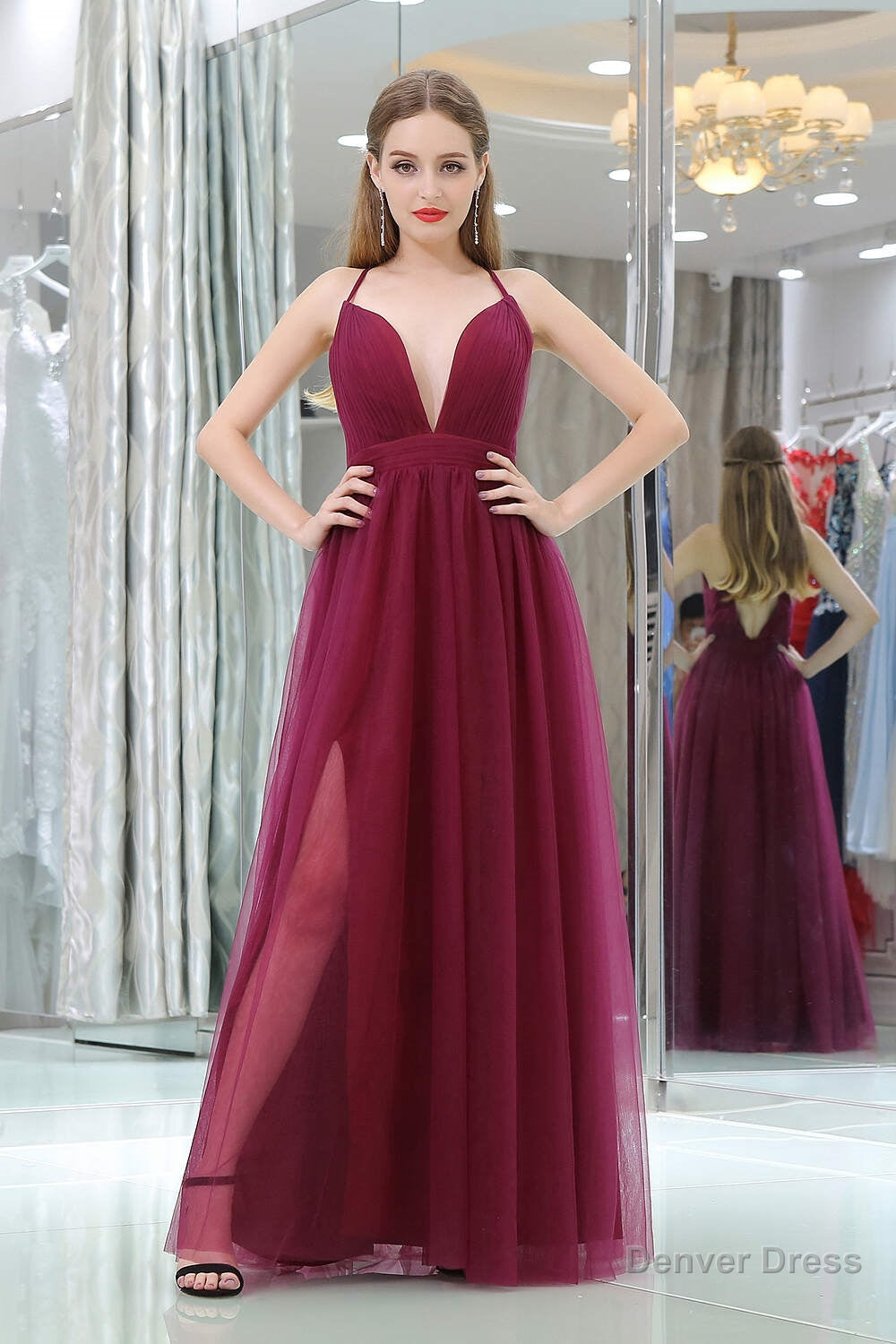 Burgundy A Line Floor Length Deep V Neck Sleeveless Side Slit Prom Dresses Main image