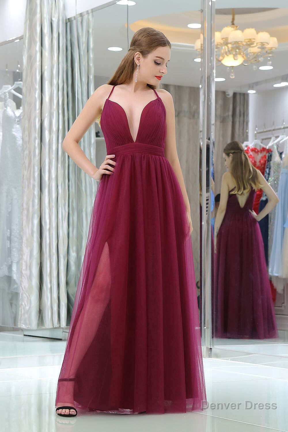 Burgundy A Line Floor Length Deep V Neck Sleeveless Side Slit Prom Dresses Secondary image