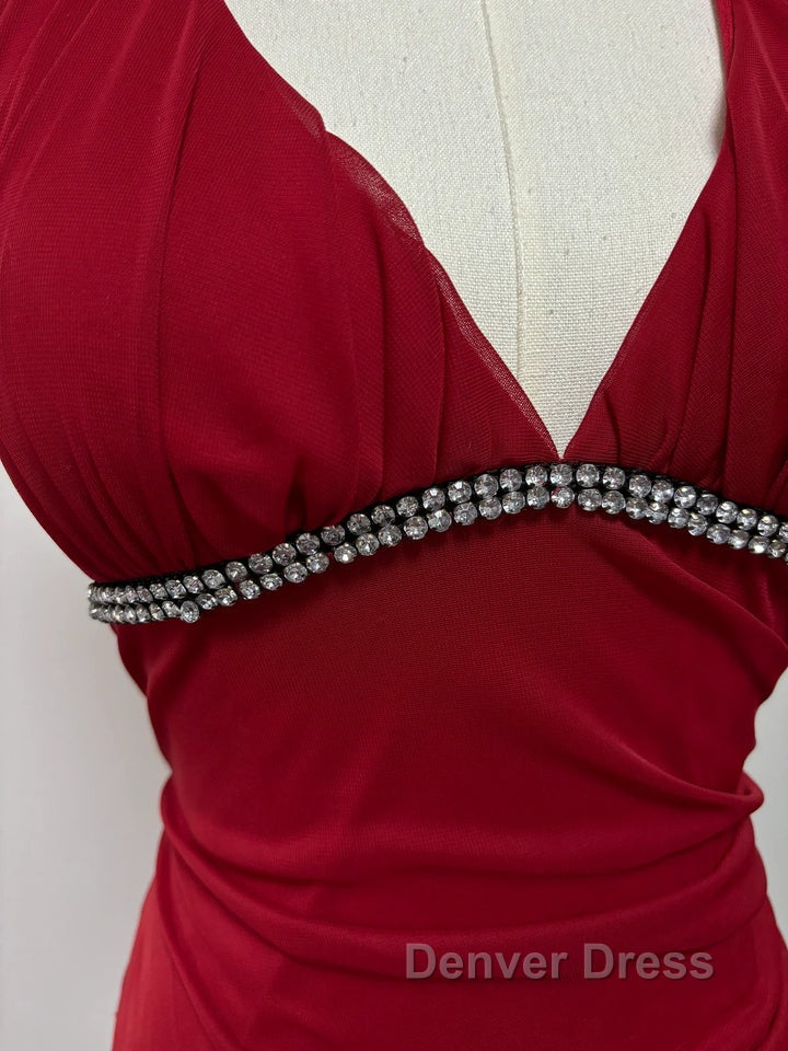 Burgundy A Line Halter V Neck Chiffon Backless Prom Dress,Bridesmaid Dresses With Ankle Length