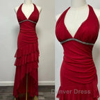 Burgundy A Line Halter V Neck Chiffon Backless Prom Dress,Bridesmaid Dresses With Ankle Length