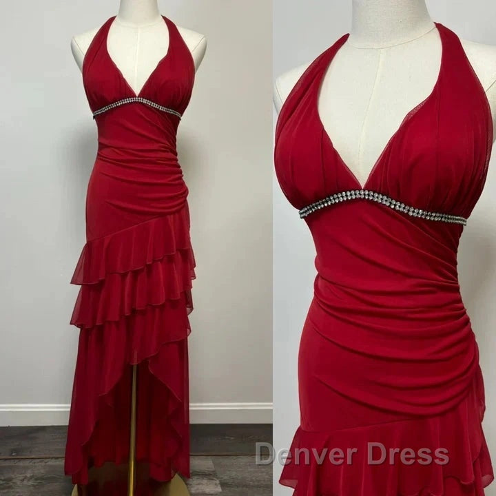 Burgundy A Line Halter V Neck Chiffon Backless Prom Dress,Bridesmaid Dresses With Ankle Length