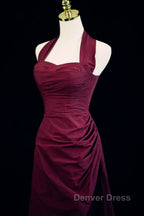 Burgundy A Line Halter Vintage Style Prom Dress, Burgundy Long Prom Dresses