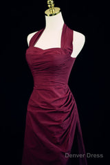 Burgundy A-Line Halter Vintage Style Prom Dress, Burgundy Long Evening Dress