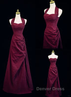 Burgundy A Line Halter Vintage Style Prom Dress, Burgundy Long Prom Dresses