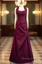 Burgundy A Line Halter Vintage Style Prom Dress, Burgundy Long Prom Dresses