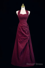 Burgundy A-Line Halter Vintage Style Prom Dress, Burgundy Long Evening Dress