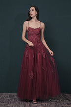 A Line Lace Appliques Long Prom Dresses