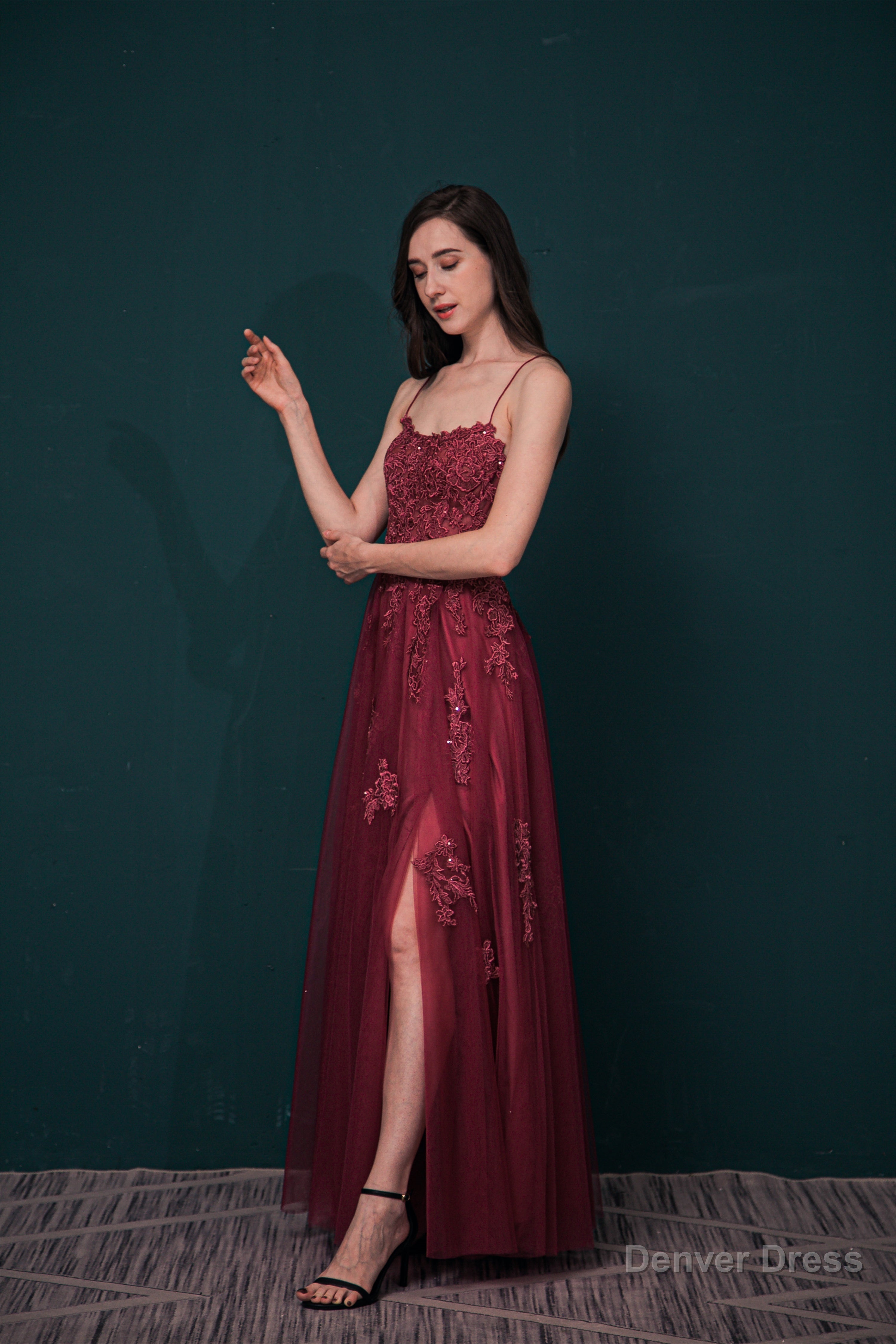 A-line Lace Appliques Long Prom Dresses