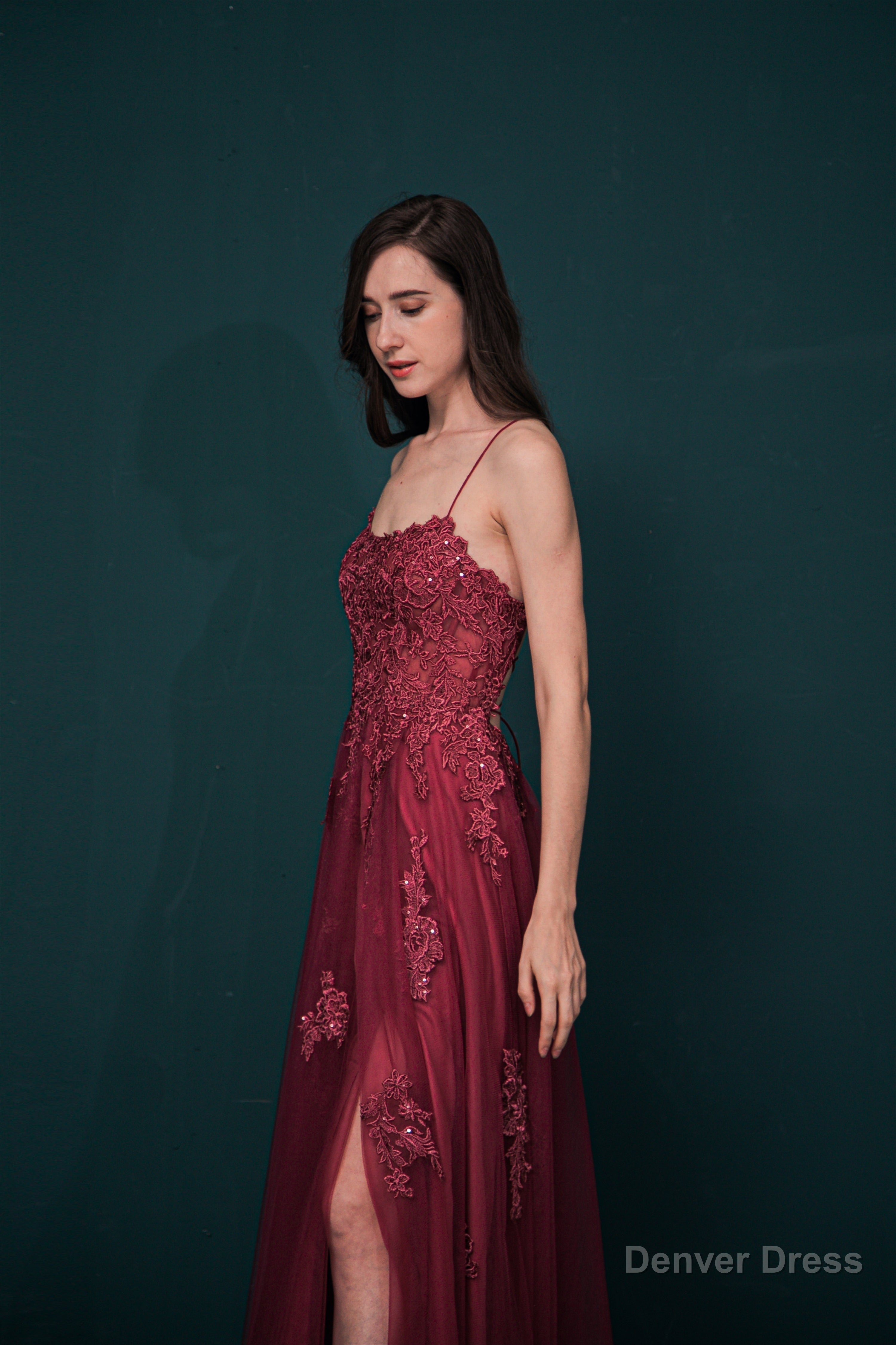 A Line Lace Appliques Long Prom Dresses