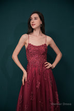 A Line Lace Appliques Long Prom Dresses