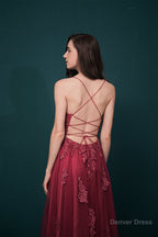 A Line Lace Appliques Long Prom Dresses
