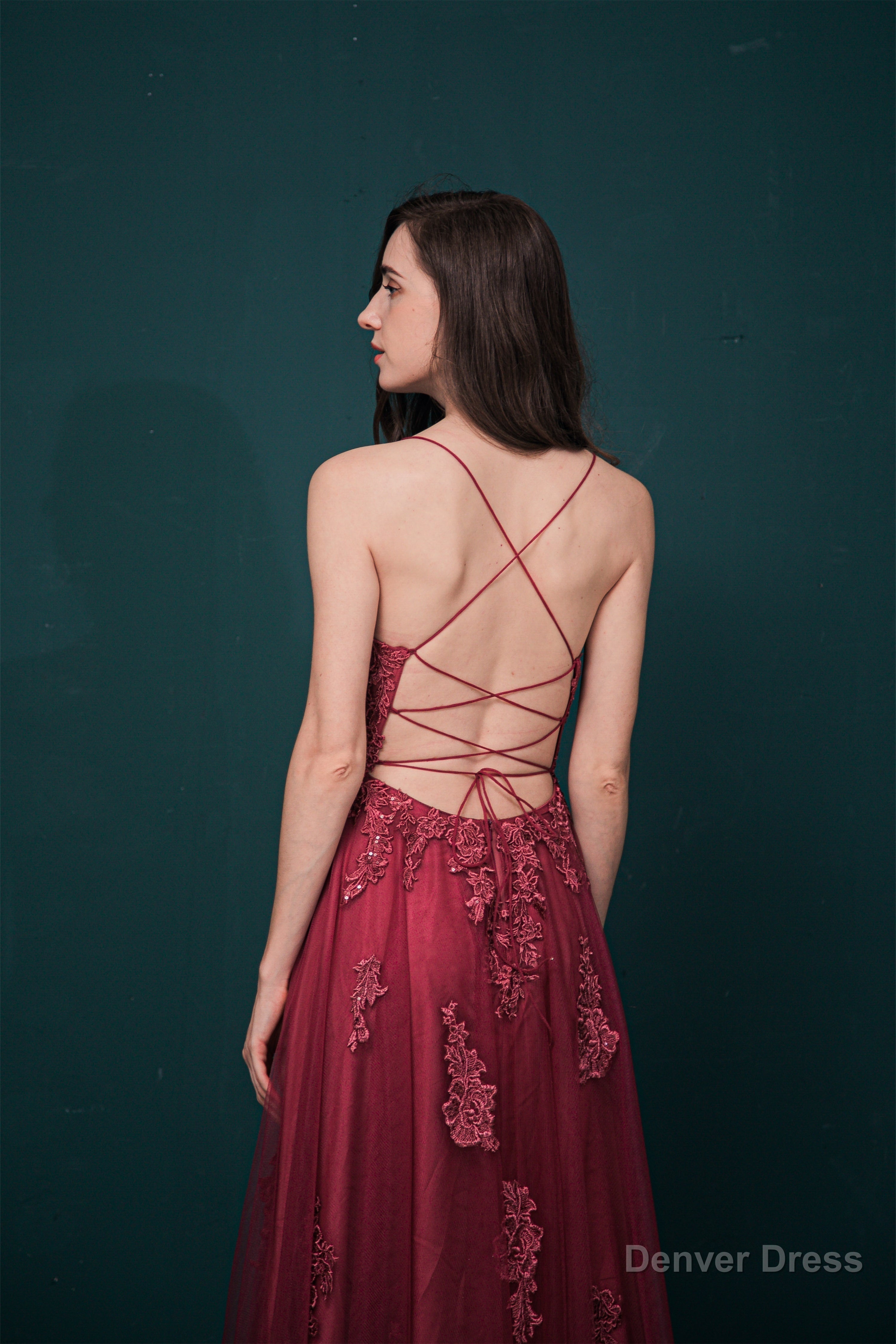 A Line Lace Appliques Long Prom Dresses