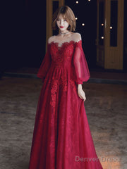 Burgundy A-Line Lace Long Prom Dresses, Burgundy Formal Evening Dresses