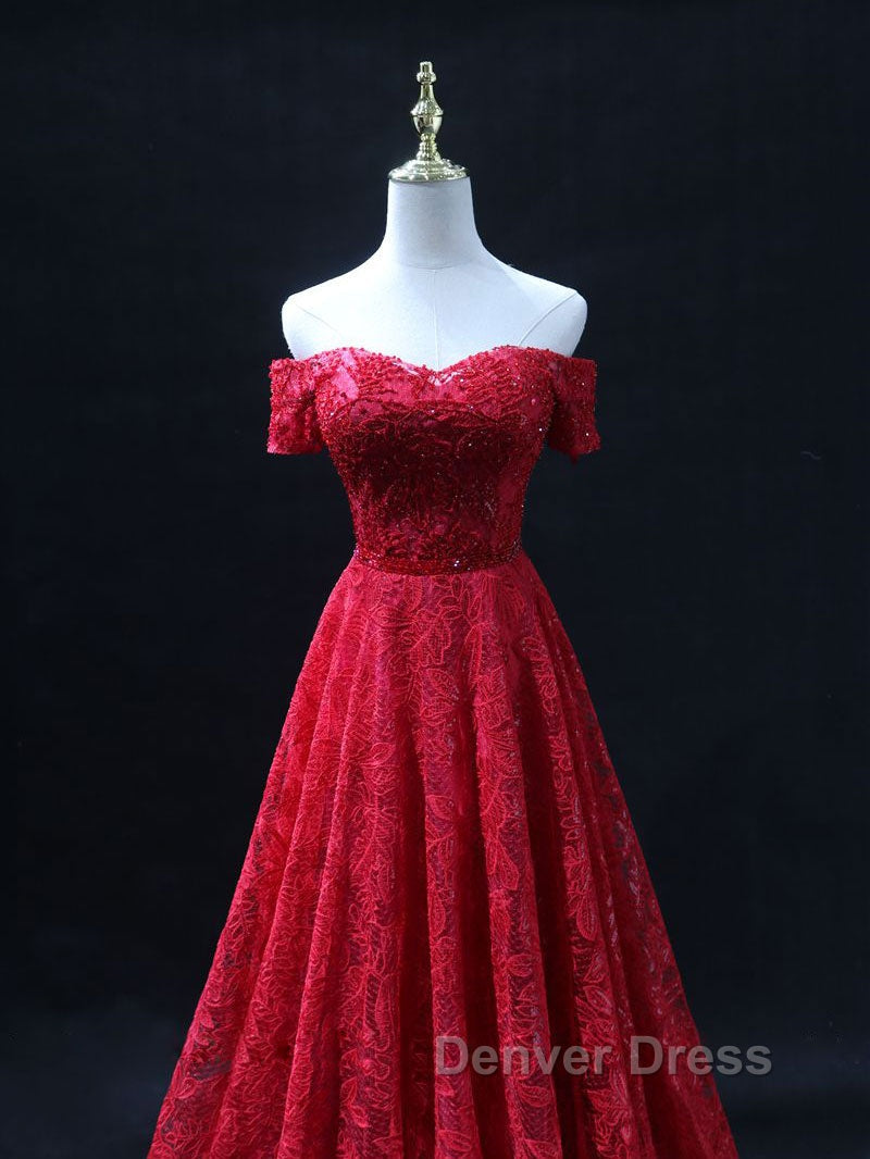 Burgundy A Line lace tulle beads long prom Dress, burgundy bridesmaid Dresses